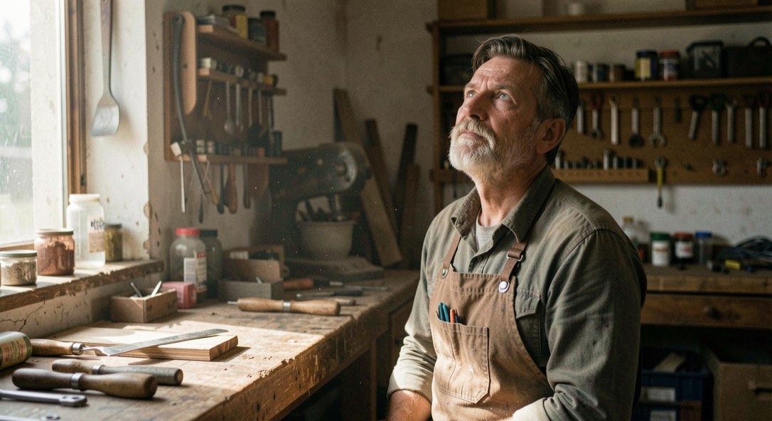 Un artisan relève la tête de son établi dans un atelier où la lumière du jour tombe de côté sur les outils