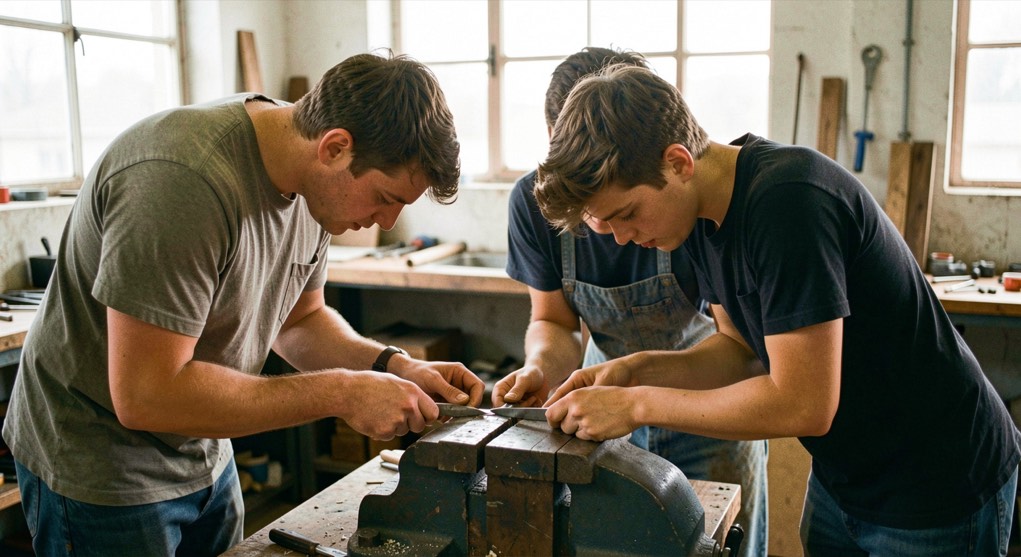 Dans un atelier, un formateur montre un geste technique à deux jeunes penchés sur une pièce serrée dans un étau