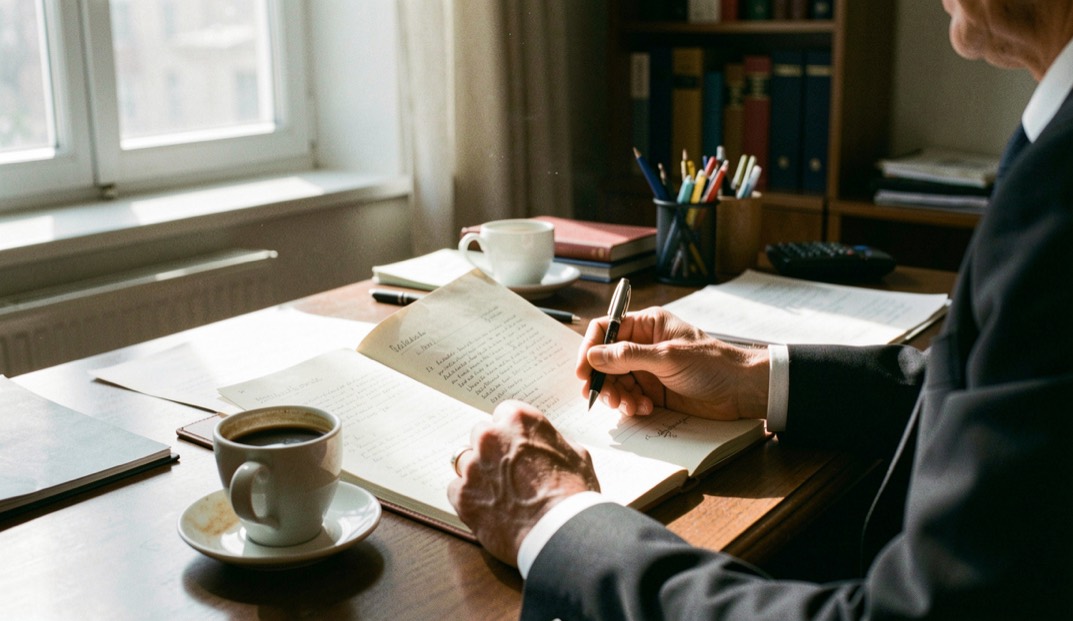 Un bureau de dirigeant au petit matin, carnet ouvert, café refroidi et lumière rasante sur les papiers