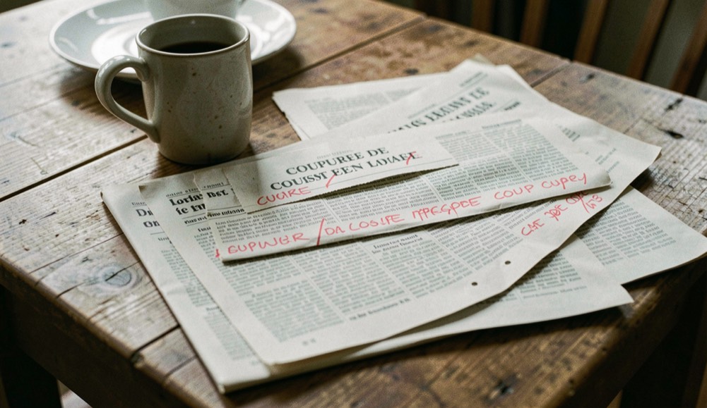 Des coupures de presse locale étalées sur une table de bois, annotées au crayon rouge et retenues par une tasse