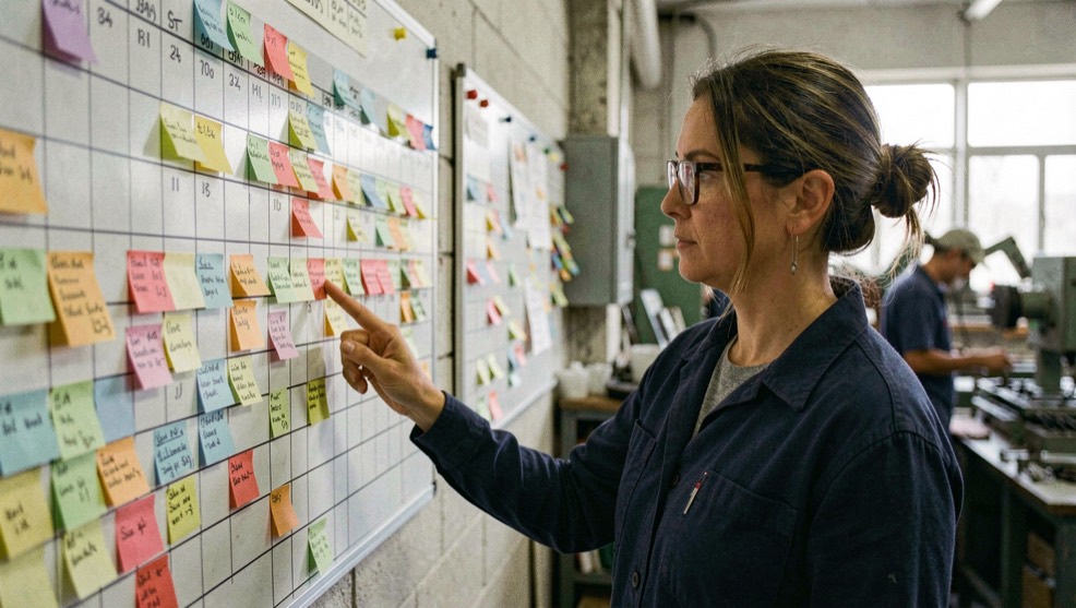 Une dirigeante vérifie un planning mural couvert d’étiquettes de couleur dans un atelier de fabrication