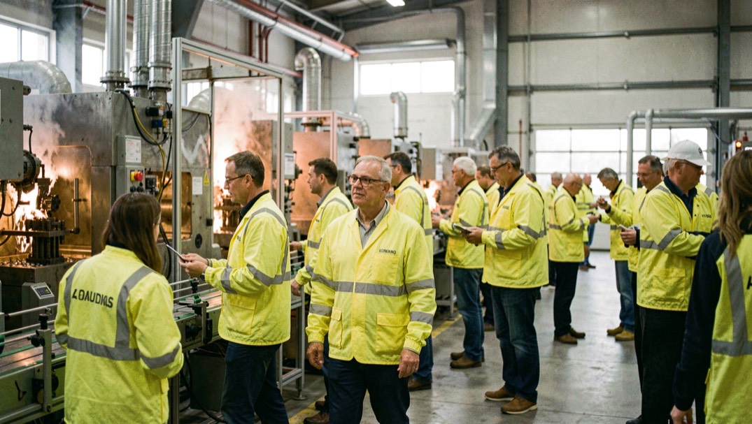 Un groupe de visiteurs en gilets jaunes suit un guide le long d’une ligne de production, machines en fonctionnement derrière eux