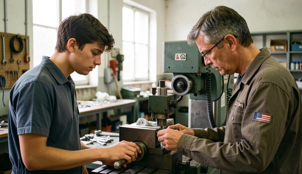 Un jeune stagiaire observe attentivement un technicien qui règle une machine outil dans un atelier bien éclairé