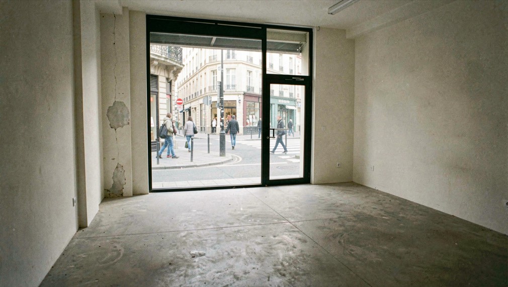 Un local commercial vide avec une large vitrine donnant sur une rue piétonne, sol béton et murs fraîchement peints
