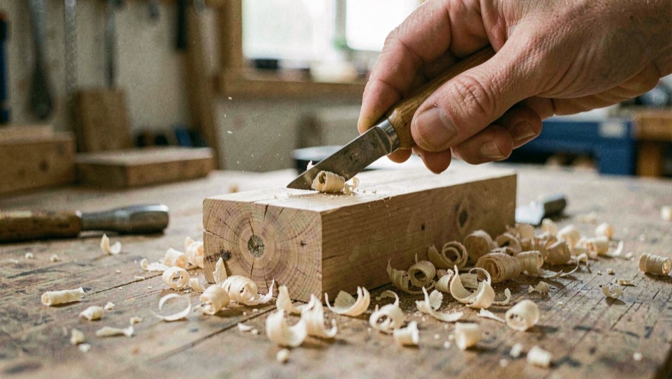 Une main tient un outil au dessus d’une pièce de bois en cours de façonnage, copeaux clairs répandus sur l’établi