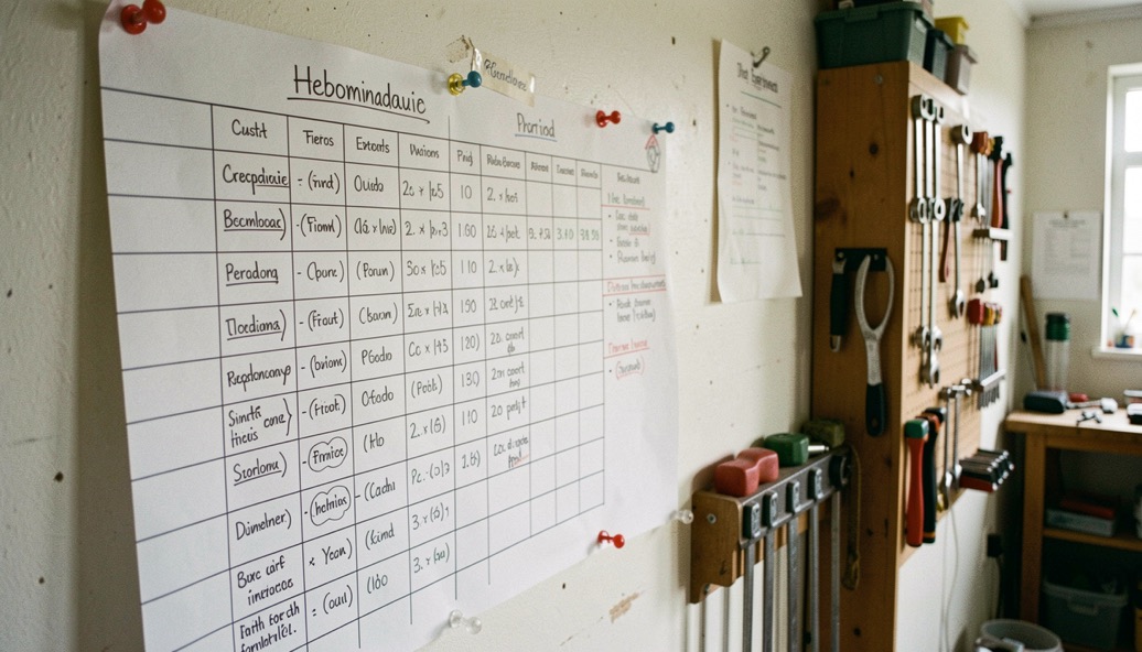 Un planning hebdomadaire annoté au crayon, punaisé sur le mur d’un atelier près d’un porte outils