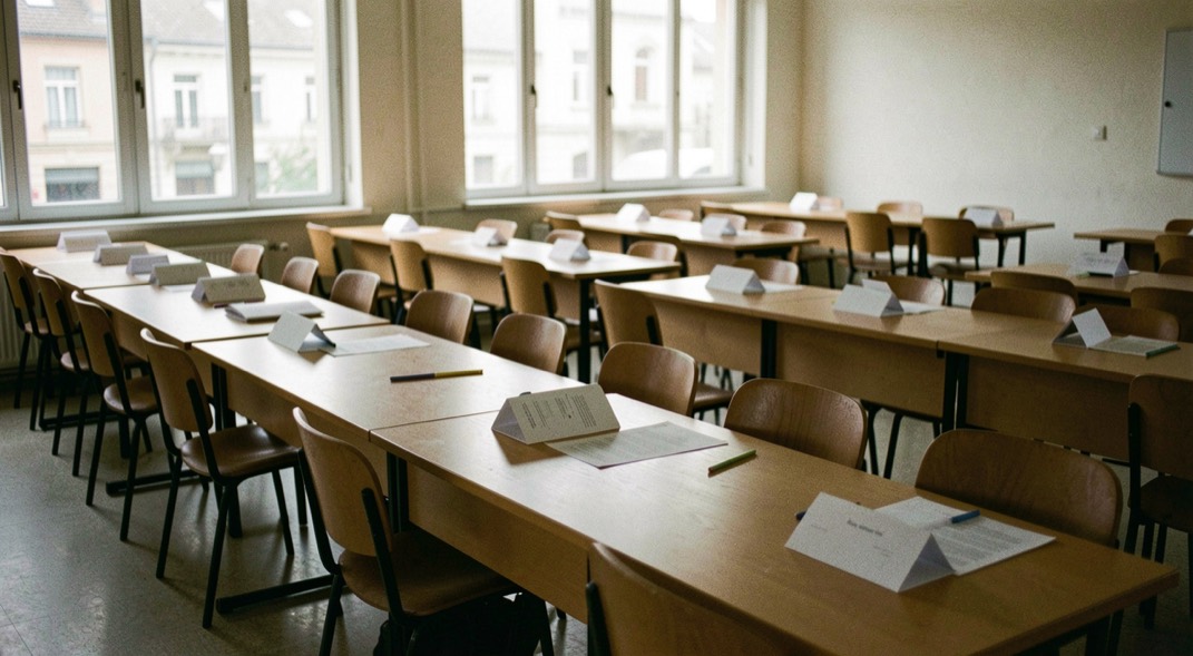 Une salle de forum de l’emploi au petit matin, pupitres alignés, chaises vides et panneaux encore pliés