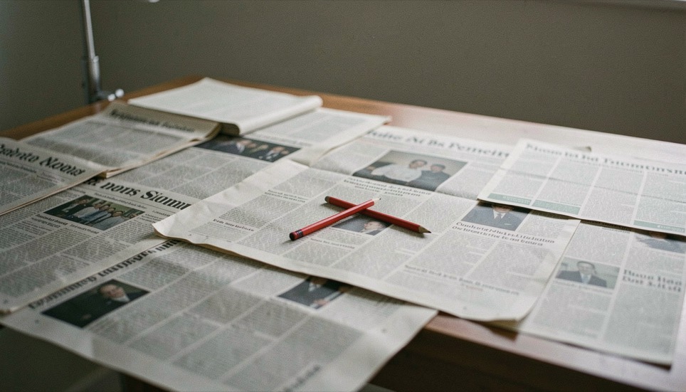Une table de rédaction couverte de coupures de presse étalées, un crayon rouge posé en travers