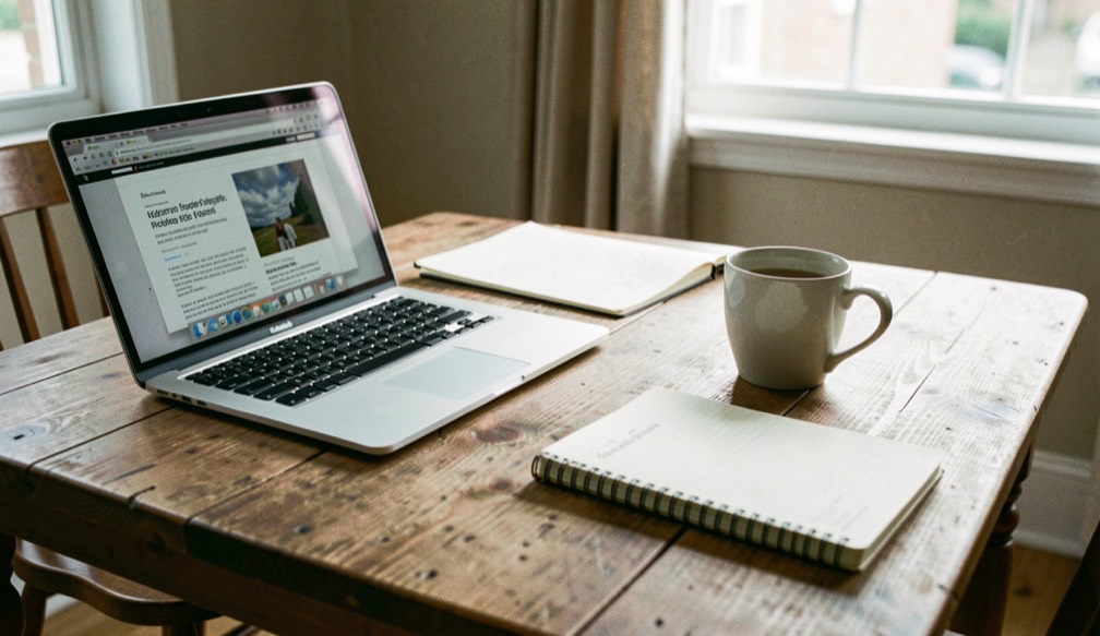 Une table de salle à manger transformée en poste de travail, ordinateur portable ouvert et carnet posé près d’une tasse