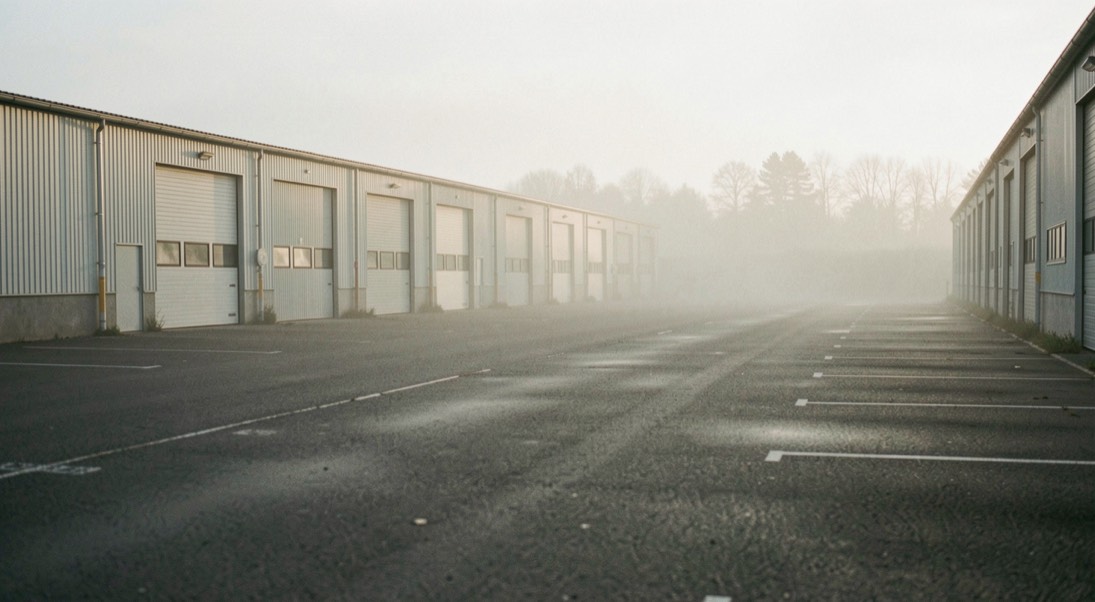 Une zone d’activité au petit matin, hangars alignés, parking encore vide et brume au sol
